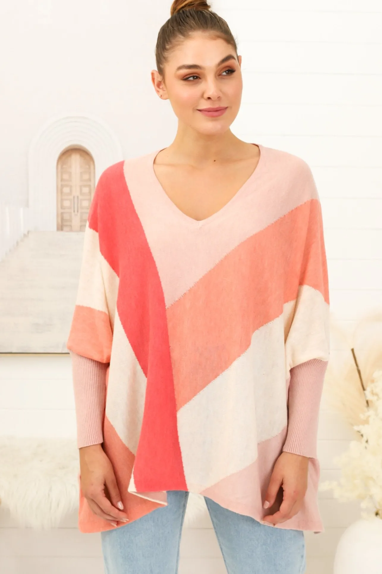 Bless Jumper - Colour Block Oversized Batwing Sleeve Jumper in Pink>Salty Crush Online