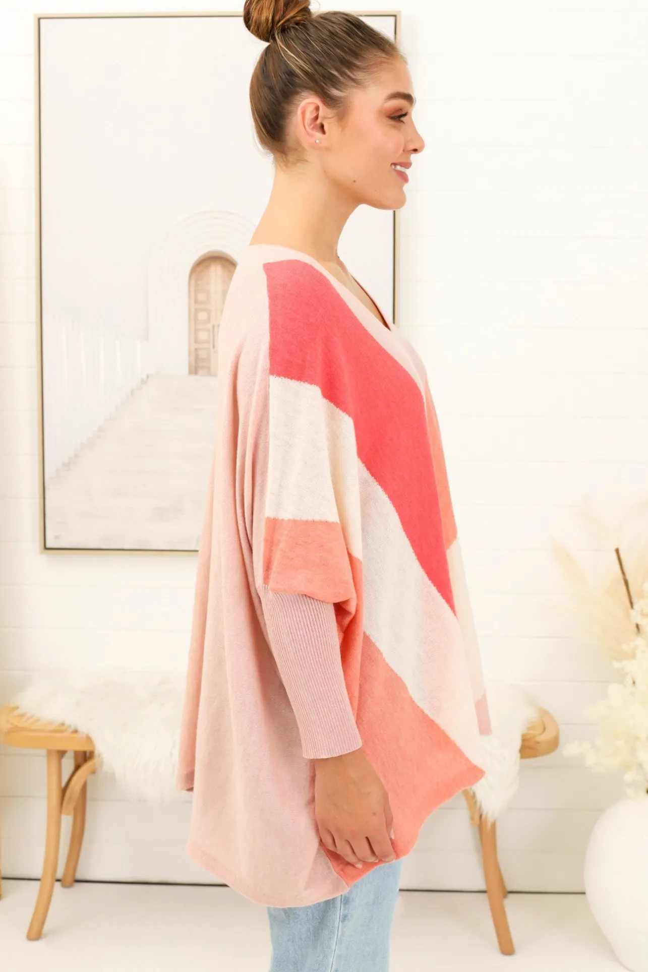 Bless Jumper - Colour Block Oversized Batwing Sleeve Jumper in Pink>Salty Crush Online