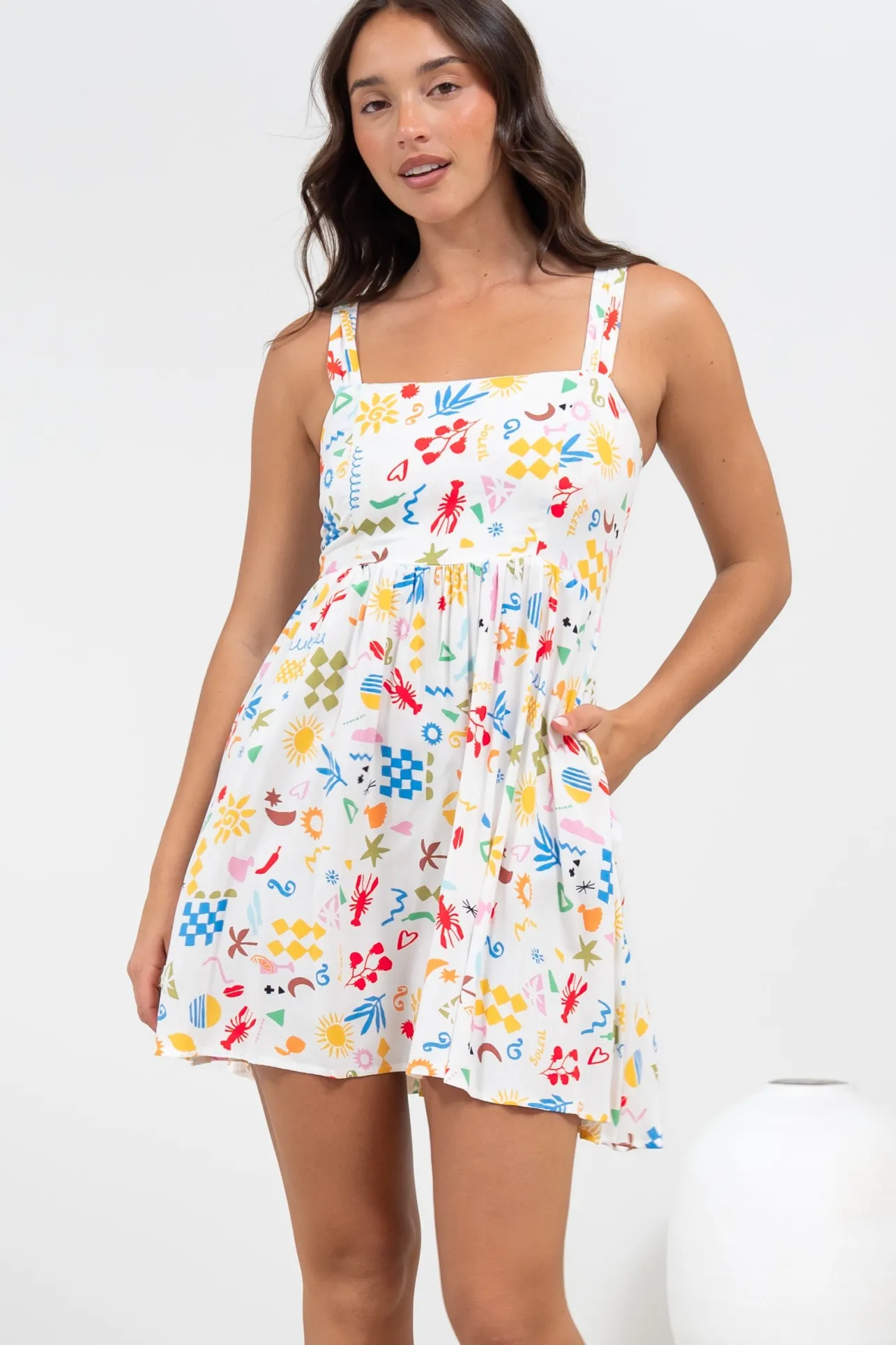 Bliss Mini Dress - Square Neckline Tiered Sun Dress in Soliel Print>Salty Crush Clearance
