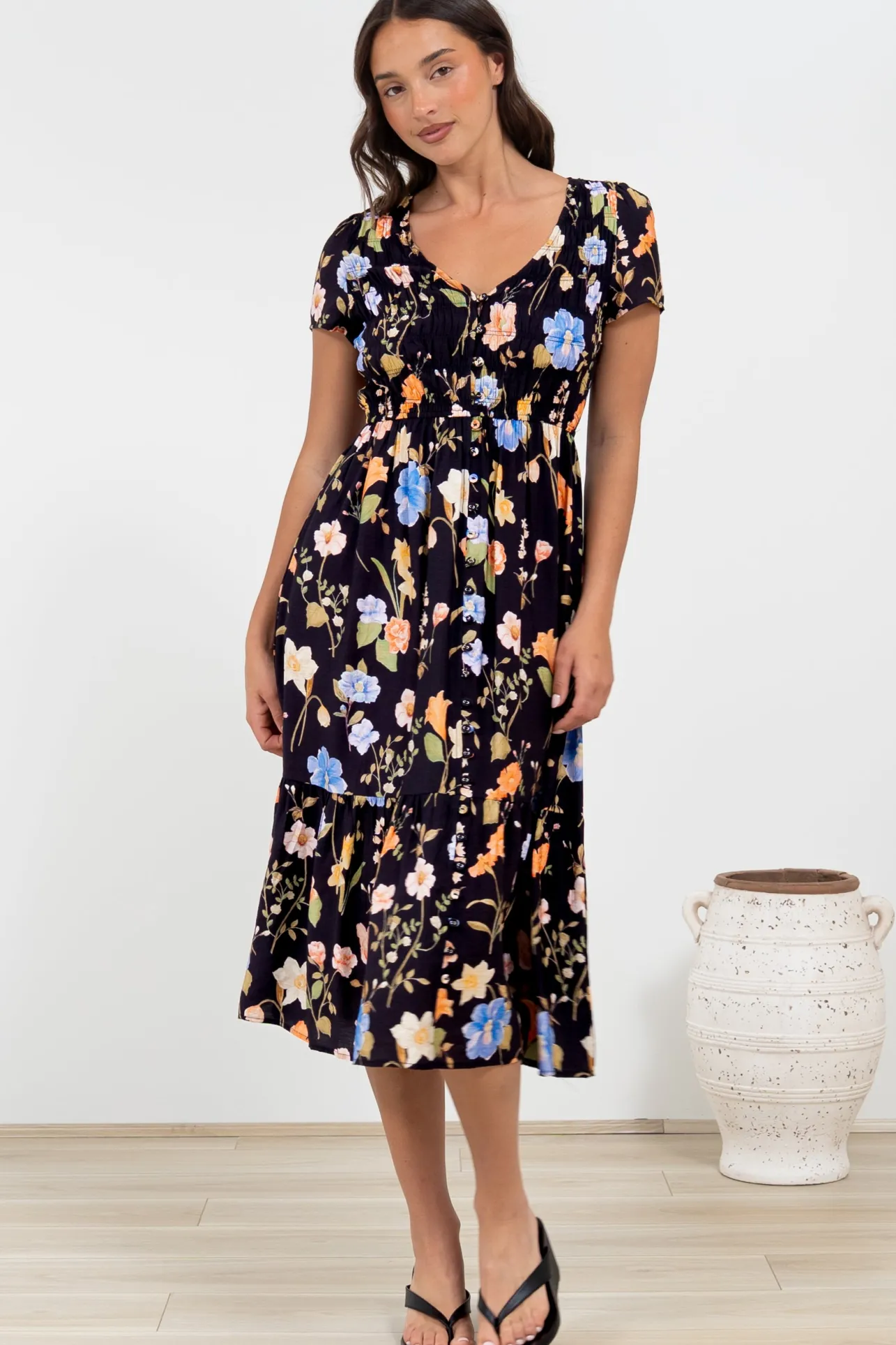 Blissful Midi Dress - A-Line Dress with Shirred Bodice and Short Sleeves in Talita Print Black>Salty Crush Best