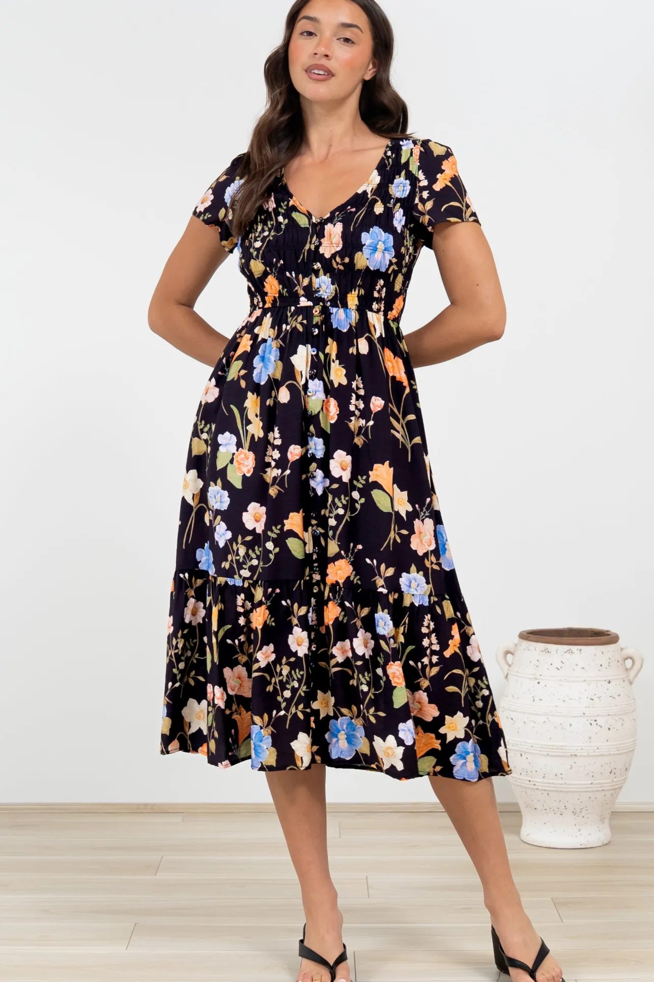 Blissful Midi Dress - A-Line Dress with Shirred Bodice and Short Sleeves in Talita Print Black>Salty Crush Best