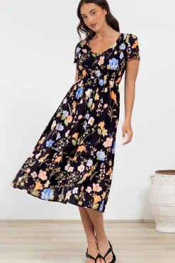 Blissful Midi Dress - A-Line Dress with Shirred Bodice and Short Sleeves in Talita Print Black><noscript><img width=