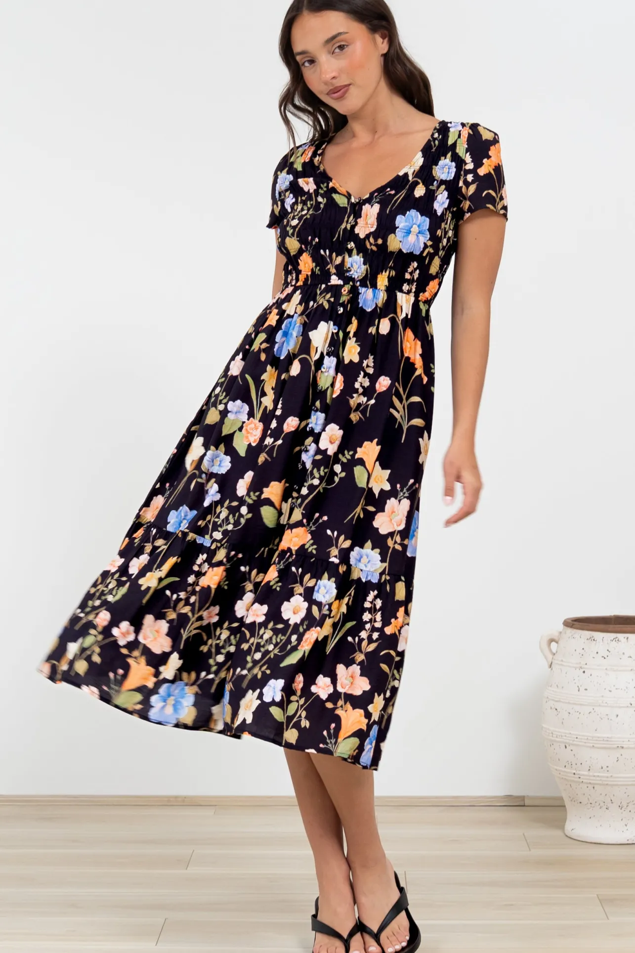 Blissful Midi Dress - A-Line Dress with Shirred Bodice and Short Sleeves in Talita Print Black>Salty Crush Best