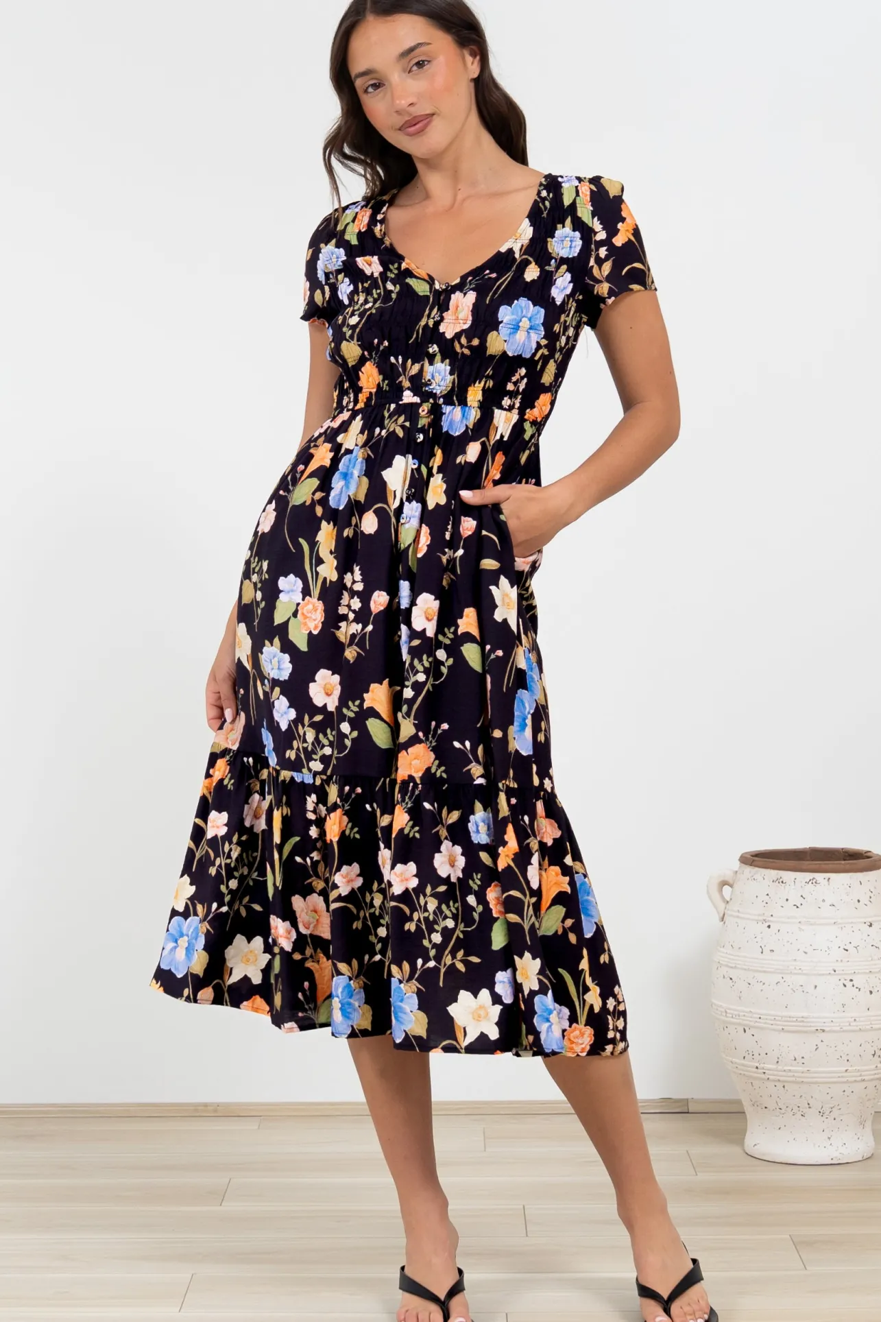 Blissful Midi Dress - A-Line Dress with Shirred Bodice and Short Sleeves in Talita Print Black>Salty Crush Best