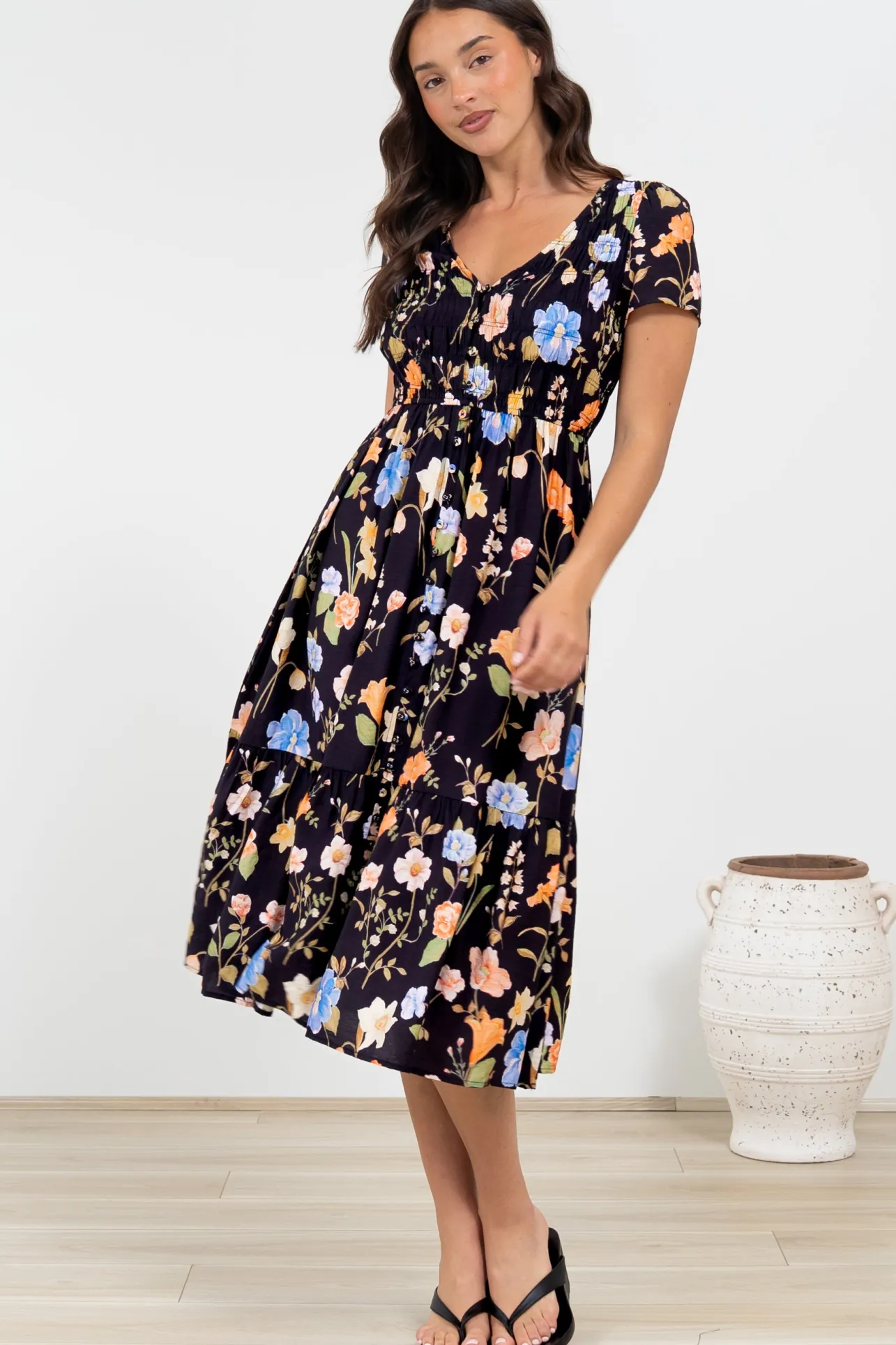 Blissful Midi Dress - A-Line Dress with Shirred Bodice and Short Sleeves in Talita Print Black>Salty Crush Best