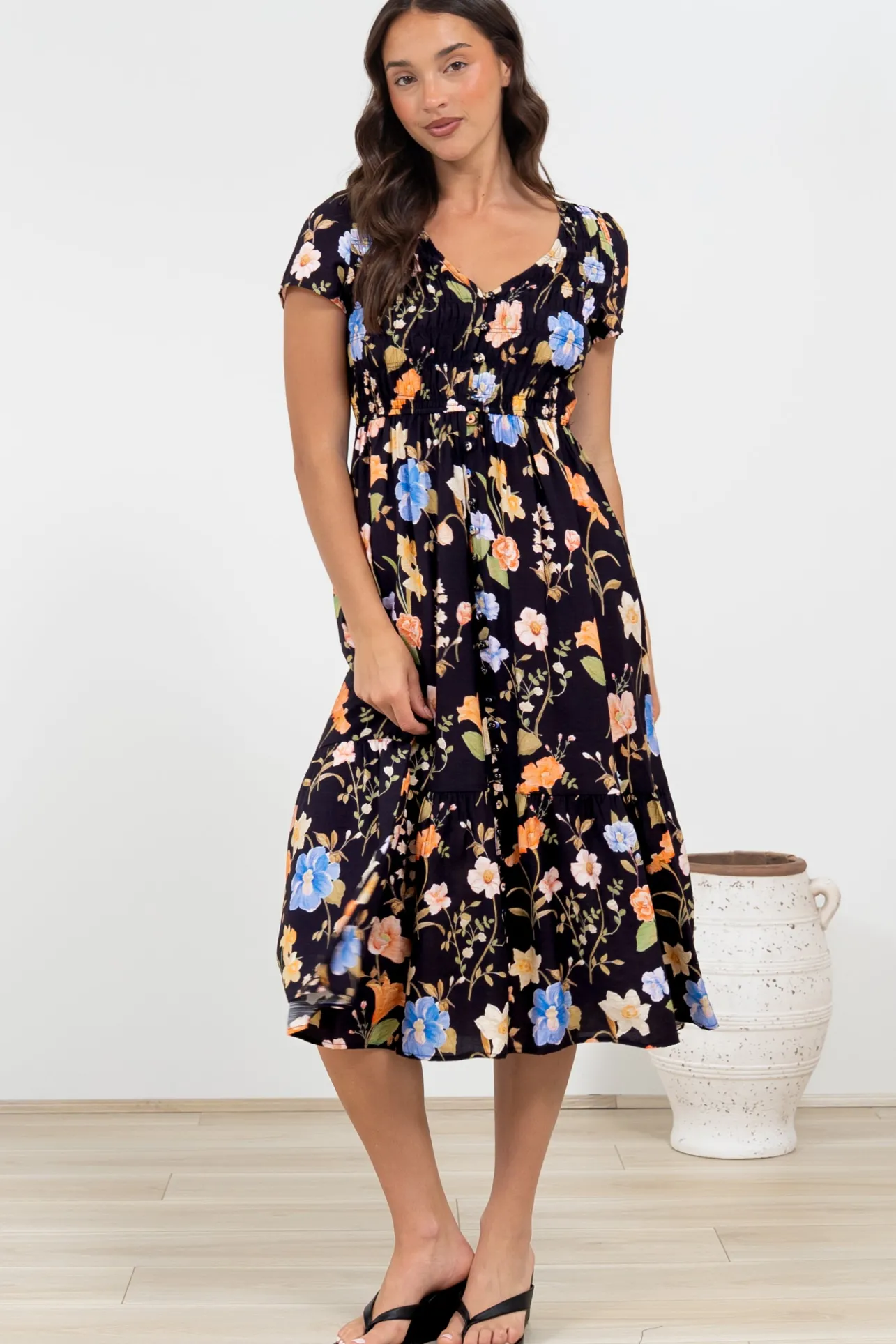 Blissful Midi Dress - A-Line Dress with Shirred Bodice and Short Sleeves in Talita Print Black>Salty Crush Best