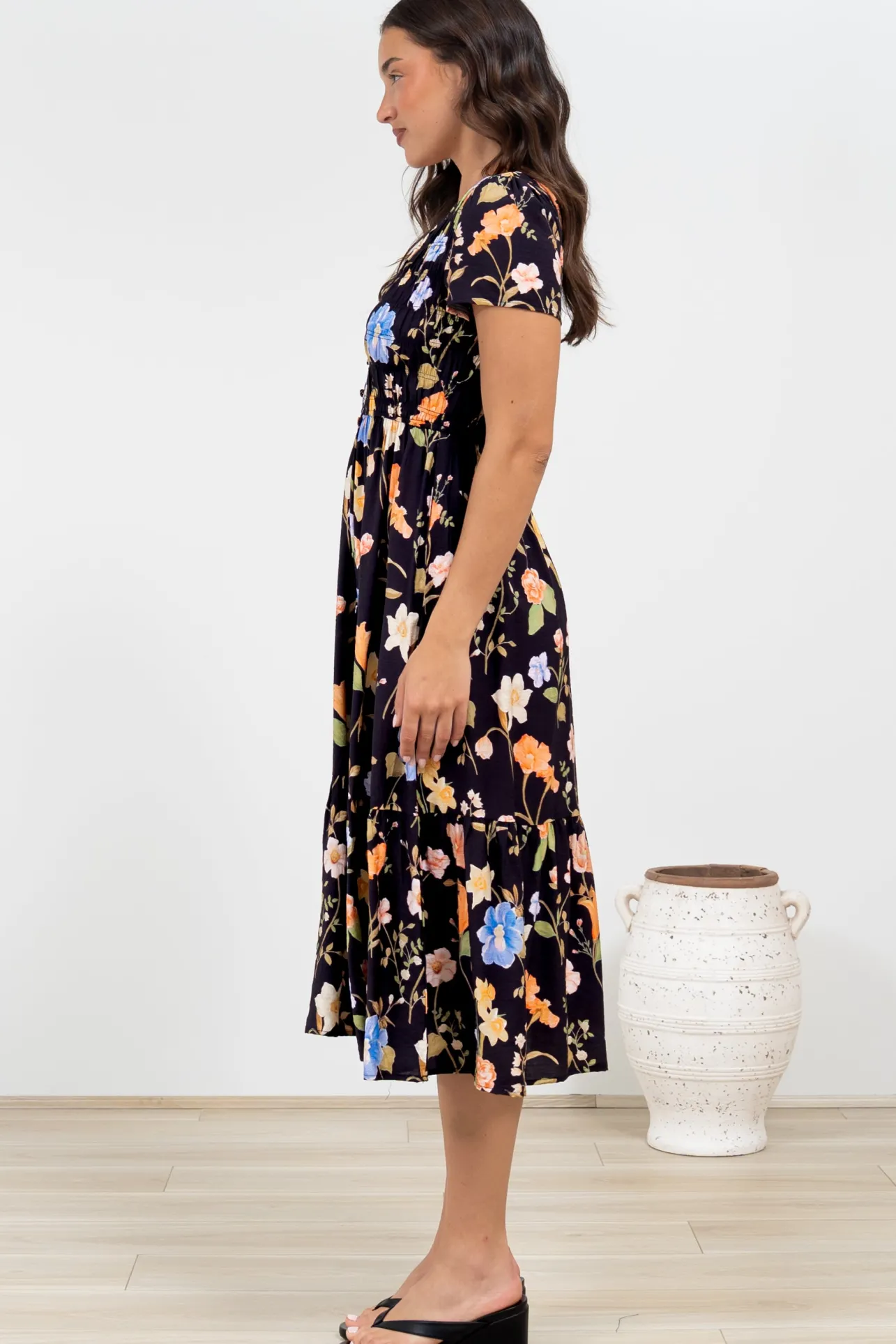 Blissful Midi Dress - A-Line Dress with Shirred Bodice and Short Sleeves in Talita Print Black>Salty Crush Best