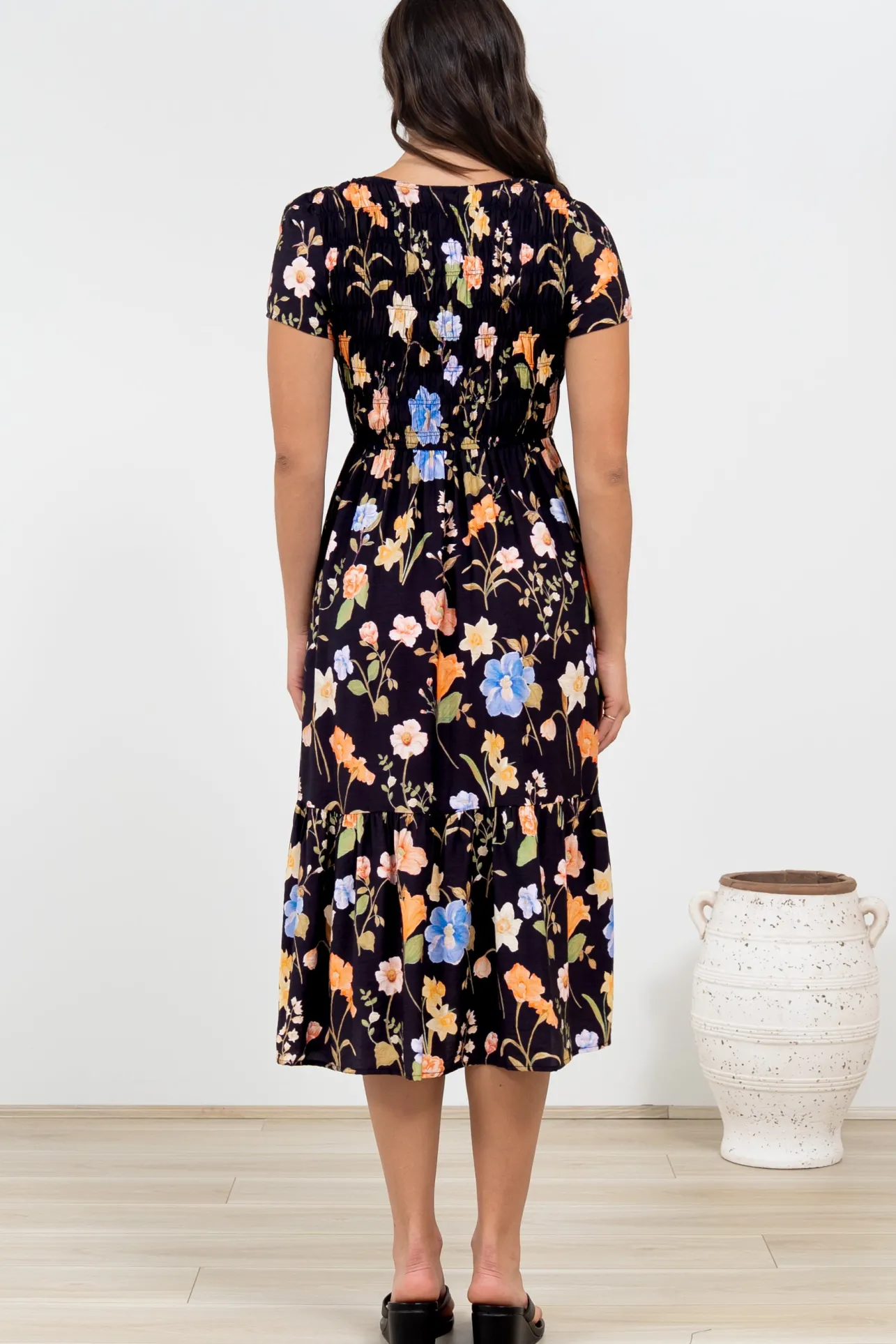 Blissful Midi Dress - A-Line Dress with Shirred Bodice and Short Sleeves in Talita Print Black>Salty Crush Best