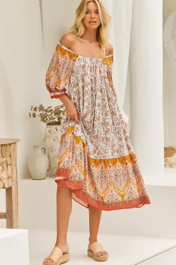 Blossom Maxi Dress - Scoop Neck On or Off Shoulder Smock Dress in Quincy Print>Jaase Outlet