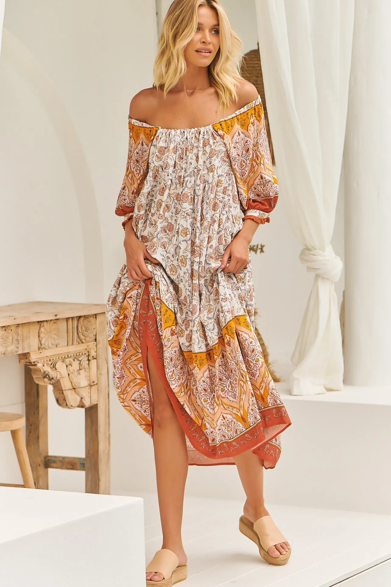 Blossom Maxi Dress - Scoop Neck On or Off Shoulder Smock Dress in Quincy Print>Jaase Outlet