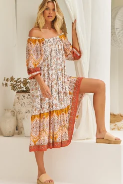Blossom Maxi Dress - Scoop Neck On or Off Shoulder Smock Dress in Quincy Print><noscript><img width=