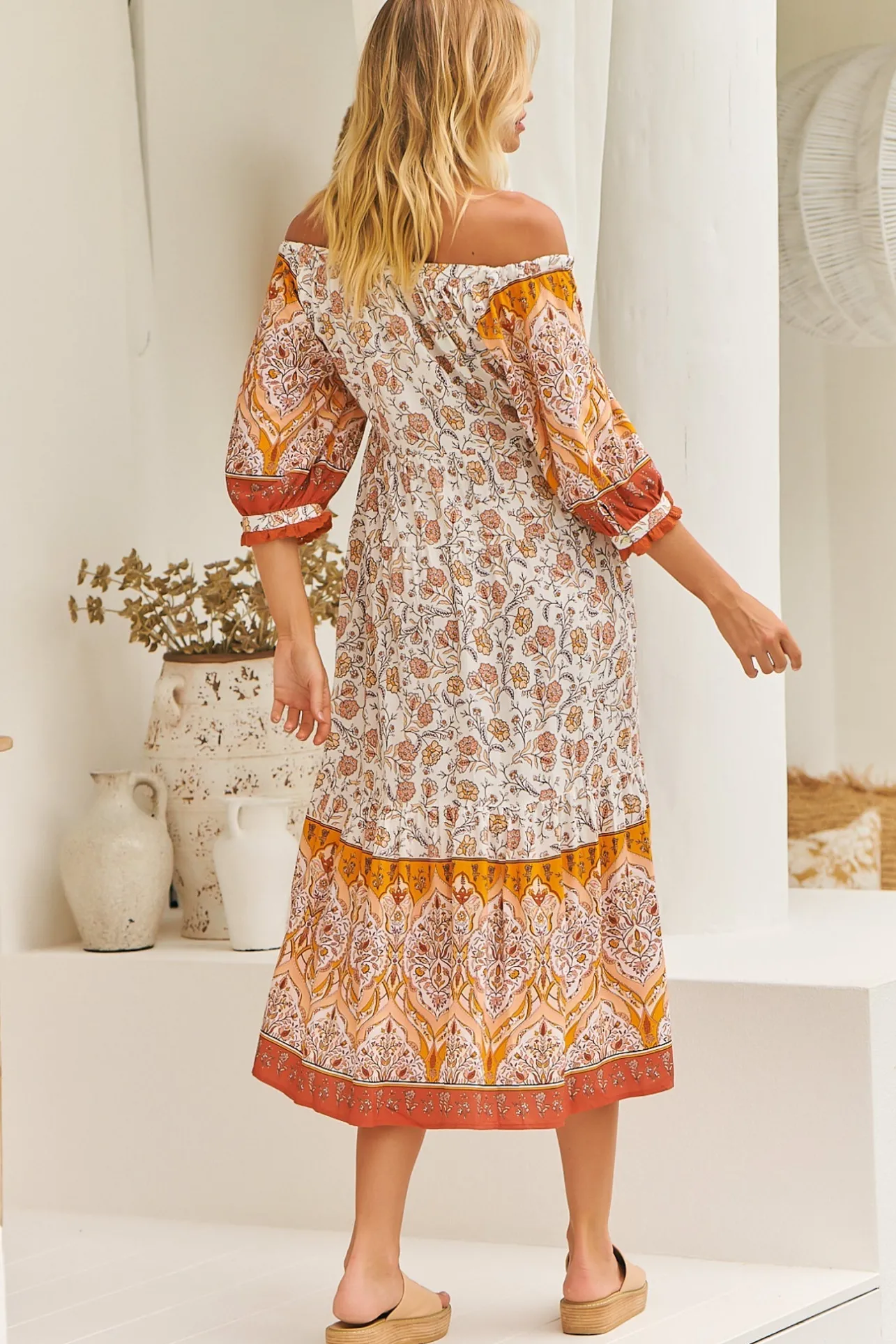 Blossom Maxi Dress - Scoop Neck On or Off Shoulder Smock Dress in Quincy Print>Jaase Outlet