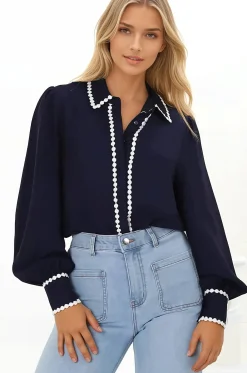 Bobbi Blouse - Contrast Scalloped Trim Button Down Shirt in Navy><noscript><img width=