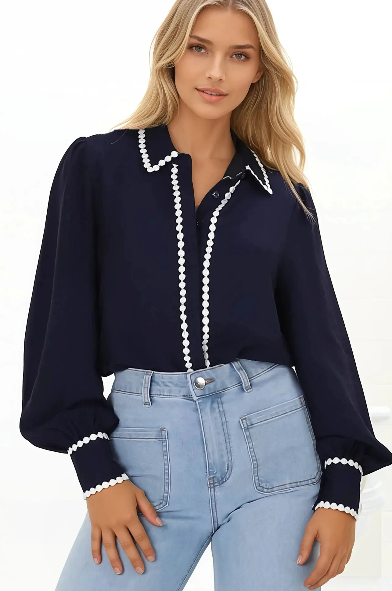 Bobbi Blouse - Contrast Scalloped Trim Button Down Shirt in Navy>Salty Crush Sale