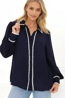 Bobbi Blouse - Contrast Scalloped Trim Button Down Shirt in Navy><noscript><img width=
