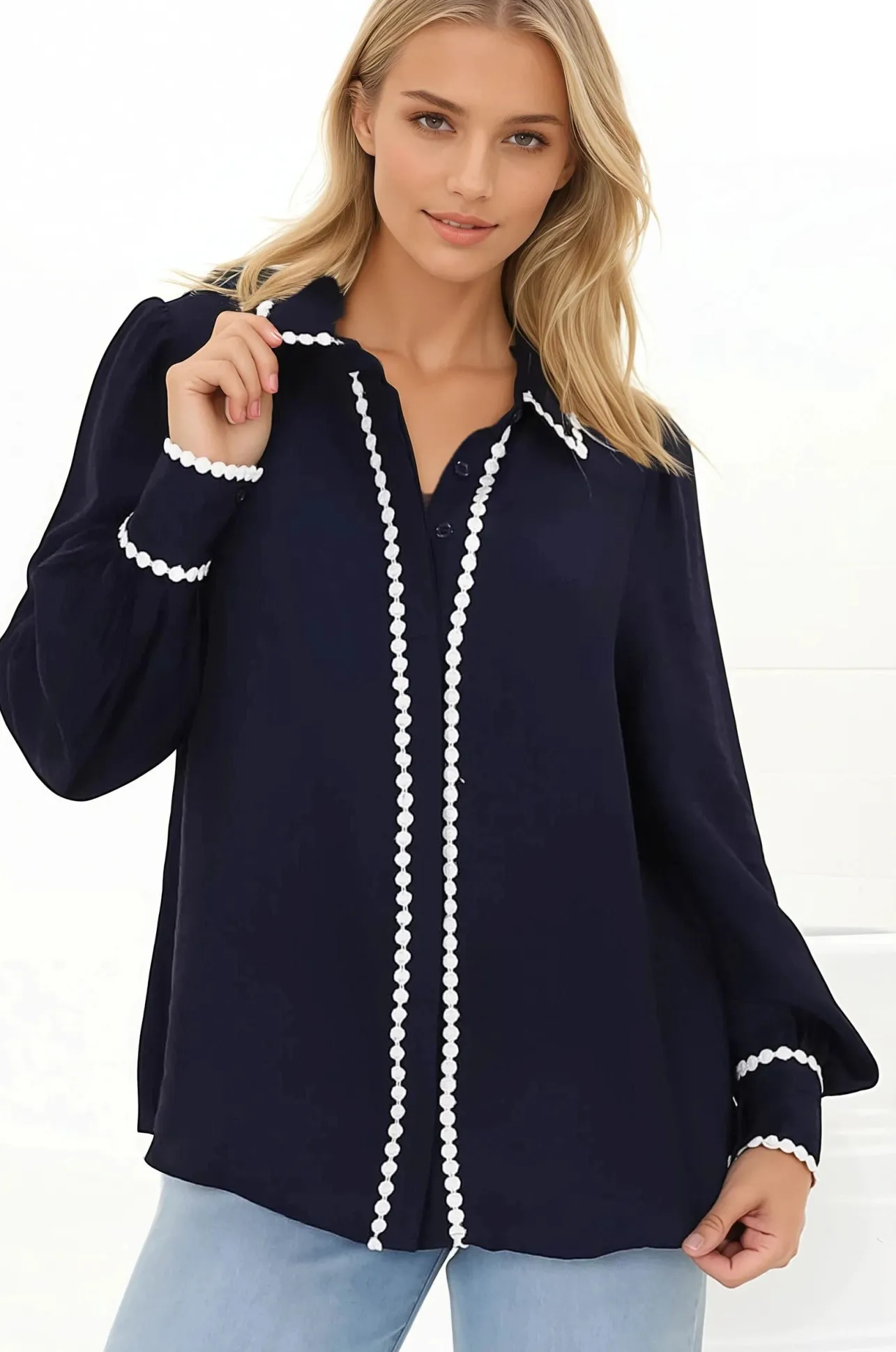 Bobbi Blouse - Contrast Scalloped Trim Button Down Shirt in Navy>Salty Crush Sale