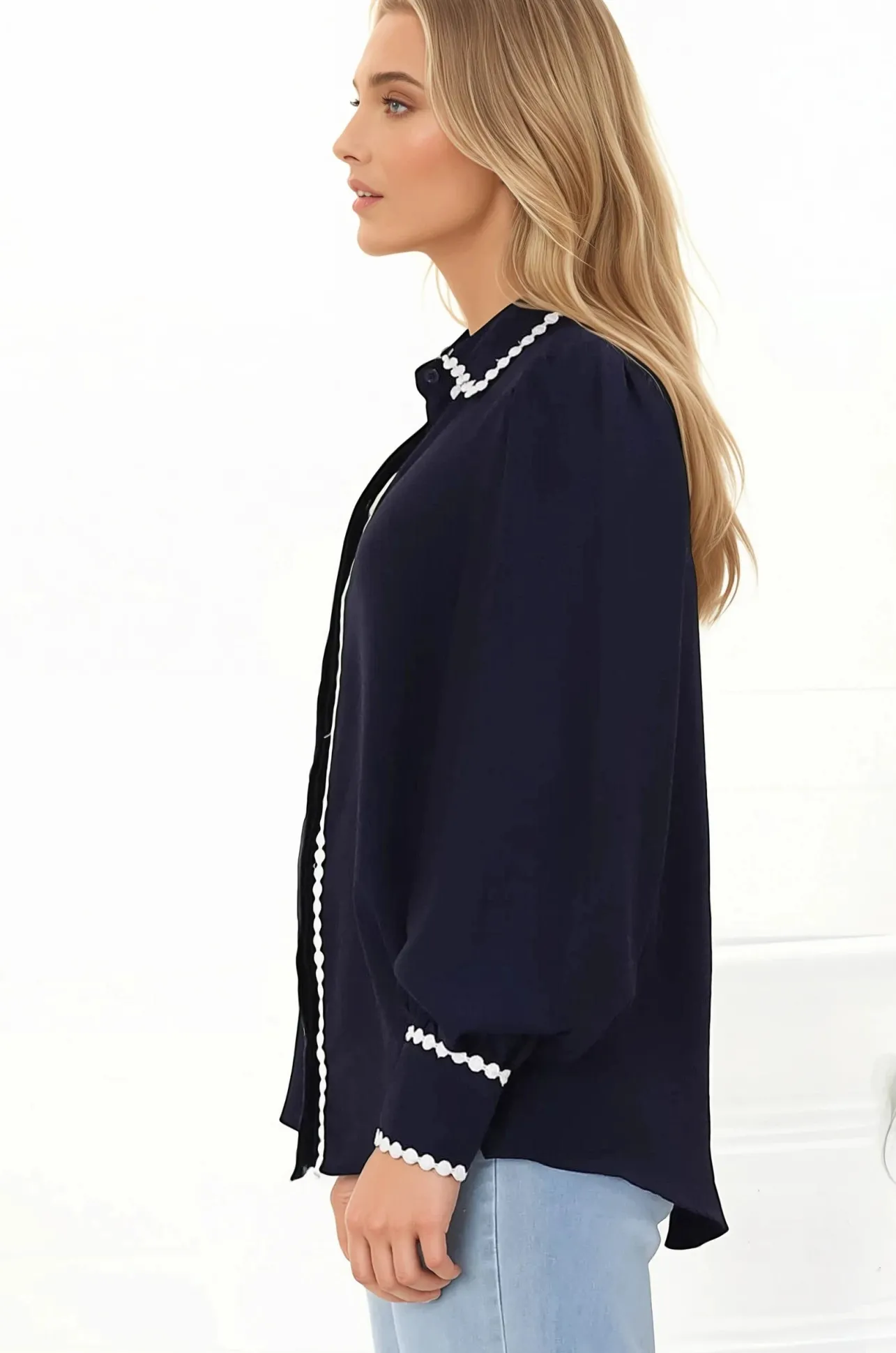 Bobbi Blouse - Contrast Scalloped Trim Button Down Shirt in Navy>Salty Crush Sale