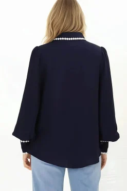 Bobbi Blouse - Contrast Scalloped Trim Button Down Shirt in Navy><noscript><img width=