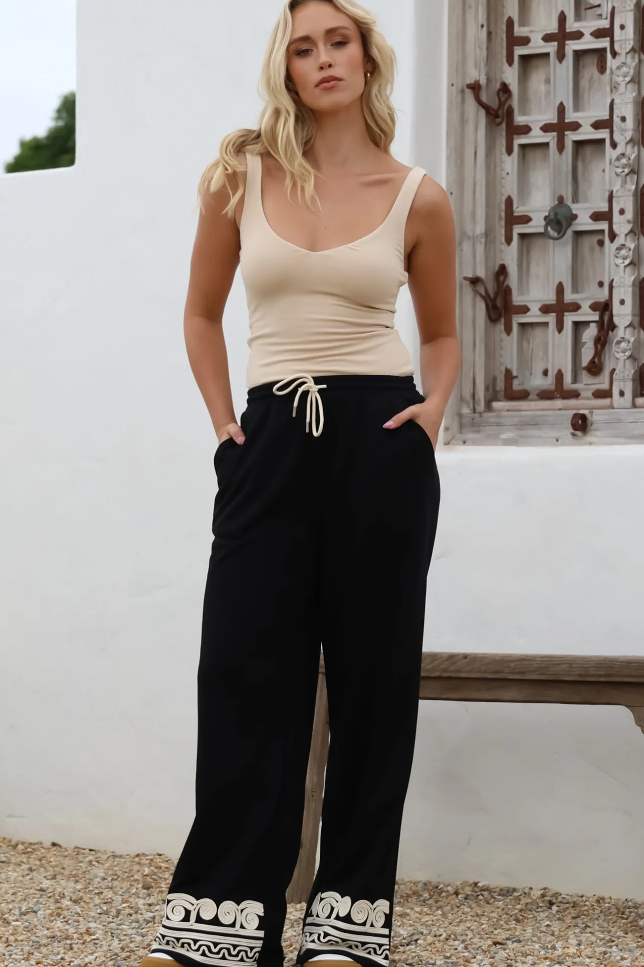 Bohdi Joggers - High Waisted Straight Leg Decaled Jogger in Black>Salty Crush Online