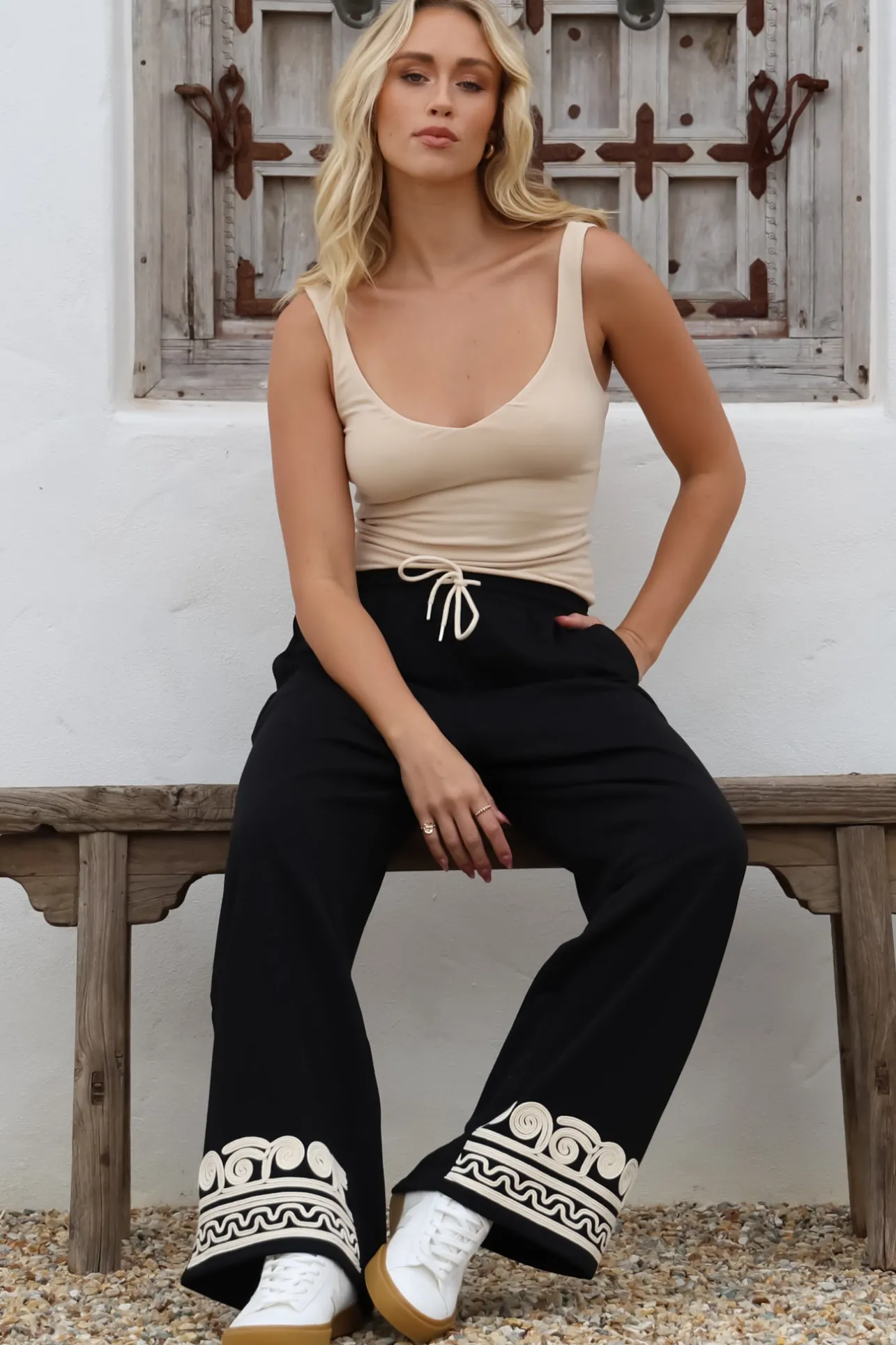 Bohdi Joggers - High Waisted Straight Leg Decaled Jogger in Black>Salty Crush Online