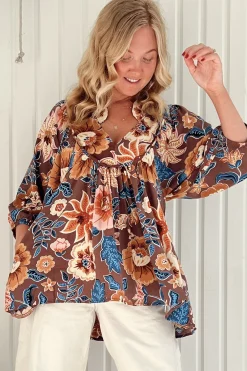 Boheme Blouse - Thick Collar Smock Blouse in Tierra Print><noscript><img width=