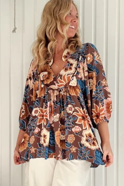 Boheme Blouse - Thick Collar Smock Blouse in Tierra Print><noscript><img width=