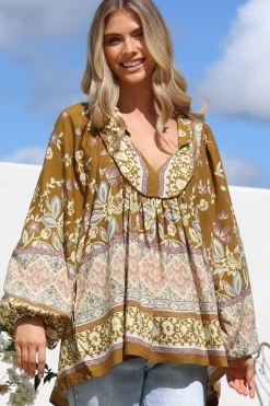 Boheme Blouse - Thick Collar Smock Blouse with Long Sleeves in Emre Print><noscript><img width=