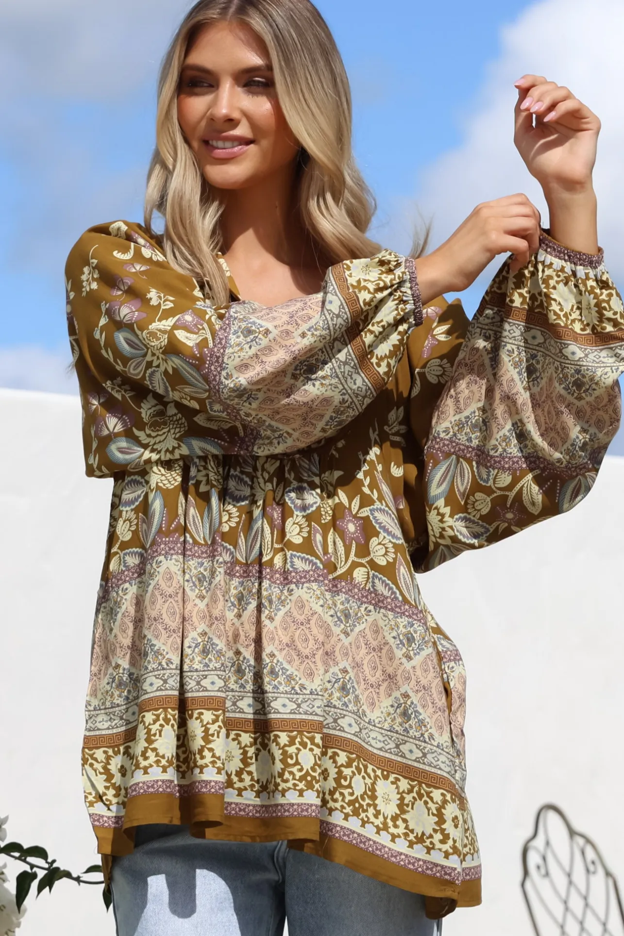 Boheme Blouse - Thick Collar Smock Blouse with Long Sleeves in Emre Print>Jaase Best