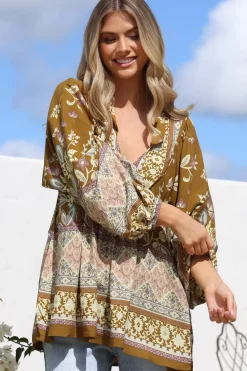 Boheme Blouse - Thick Collar Smock Blouse with Long Sleeves in Emre Print><noscript><img width=