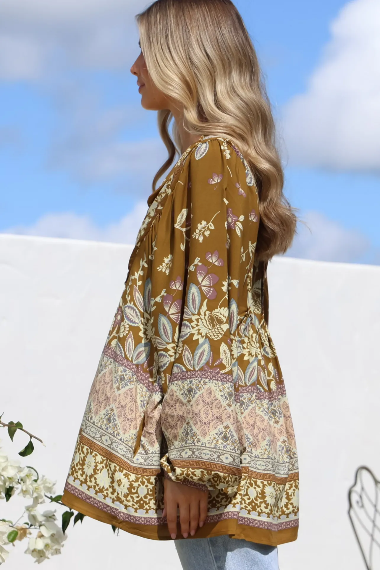 Boheme Blouse - Thick Collar Smock Blouse with Long Sleeves in Emre Print>Jaase Best