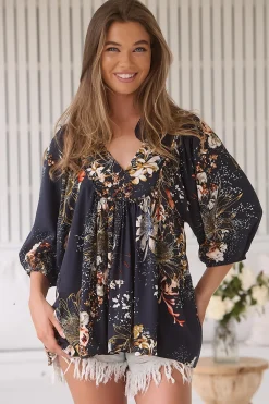 Boheme Blouse - Thick Collar Smock Blouse in Indigo Print>Jaase