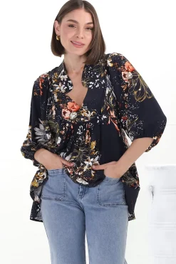 Boheme Blouse - Thick Collar Smock Blouse in Indigo Print><noscript><img width=