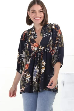 Boheme Blouse - Thick Collar Smock Blouse in Indigo Print><noscript><img width=