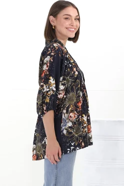 Boheme Blouse - Thick Collar Smock Blouse in Indigo Print><noscript><img width=
