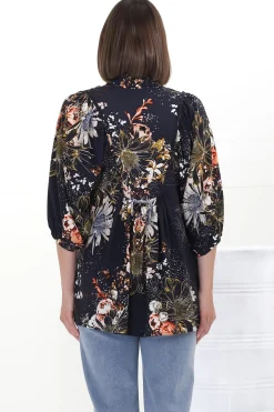 Boheme Blouse - Thick Collar Smock Blouse in Indigo Print><noscript><img width=