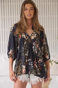 Boheme Blouse - Thick Collar Smock Blouse in Indigo Print><noscript><img width=