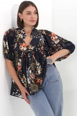 Boheme Blouse - Thick Collar Smock Blouse in Indigo Print><noscript><img width=