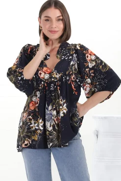Boheme Blouse - Thick Collar Smock Blouse in Indigo Print><noscript><img width=
