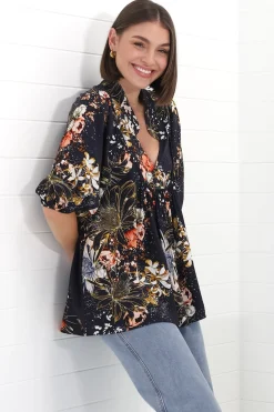 Boheme Blouse - Thick Collar Smock Blouse in Indigo Print><noscript><img width=