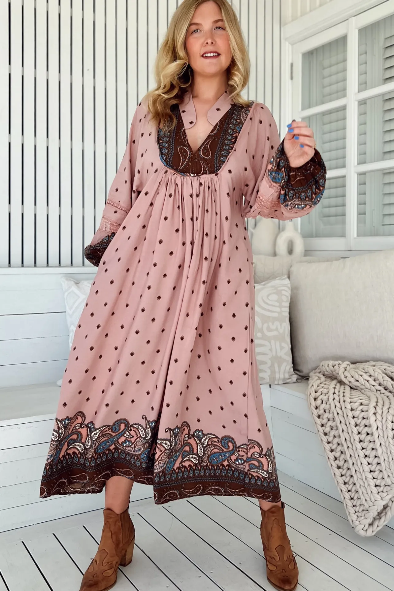 Boheme Midi Dress - Long Sleeve Piping Defined Bust Slimline Smock Dress in Seraphina Print>Jaase Clearance