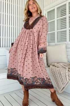 Boheme Midi Dress - Long Sleeve Piping Defined Bust Slimline Smock Dress in Seraphina Print>Jaase Clearance