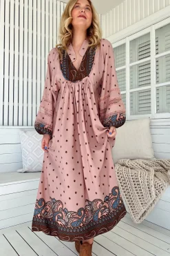 Boheme Midi Dress - Long Sleeve Piping Defined Bust Slimline Smock Dress in Seraphina Print><noscript><img width=