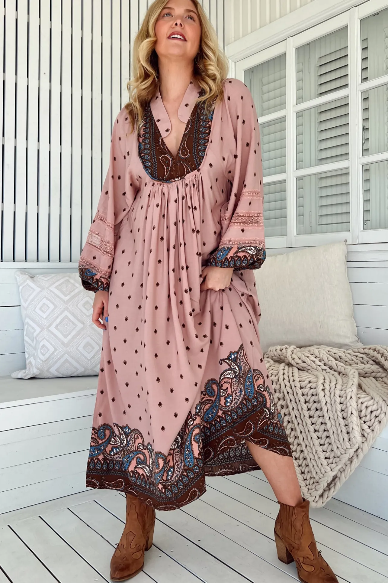 Boheme Midi Dress - Long Sleeve Piping Defined Bust Slimline Smock Dress in Seraphina Print>Jaase Clearance