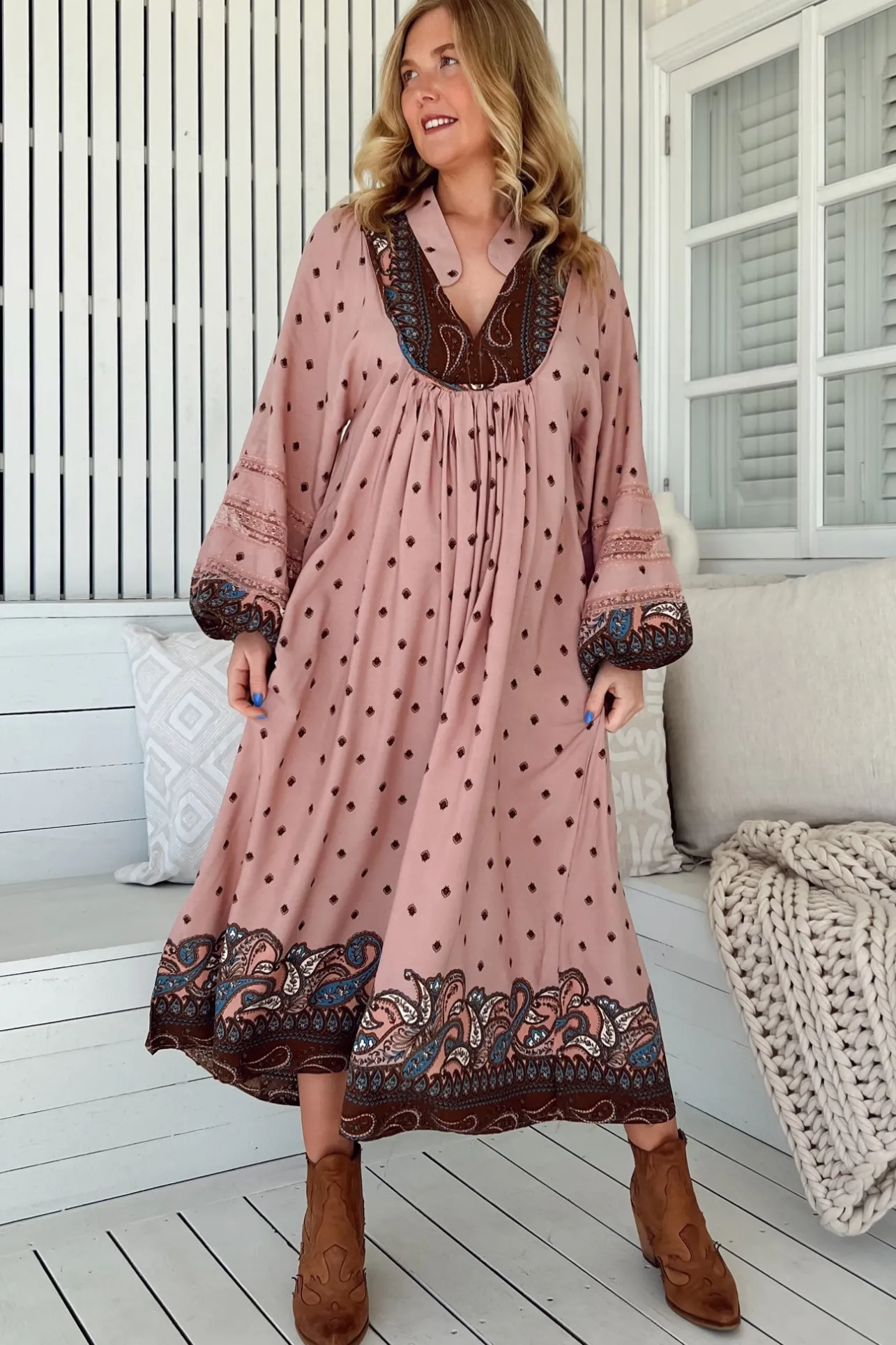 Boheme Midi Dress - Long Sleeve Piping Defined Bust Slimline Smock Dress in Seraphina Print>Jaase Clearance