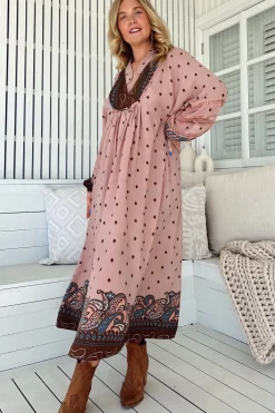 Boheme Midi Dress - Long Sleeve Piping Defined Bust Slimline Smock Dress in Seraphina Print><noscript><img width=