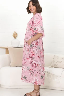 Boheme Midi Dress - Piping Defined Bust Slimline Smock Dress In Pink Lotus><noscript><img width=