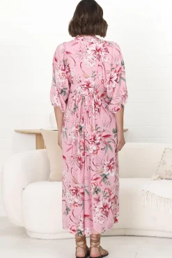 Boheme Midi Dress - Piping Defined Bust Slimline Smock Dress In Pink Lotus><noscript><img width=