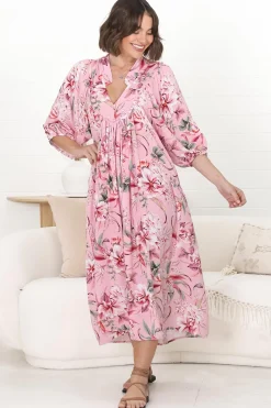 Boheme Midi Dress - Piping Defined Bust Slimline Smock Dress In Pink Lotus><noscript><img width=