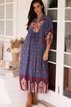 Boheme Midi Dress - Piping Defined Bust Slimline Smock Dress in Laney Print>Jaase Clearance