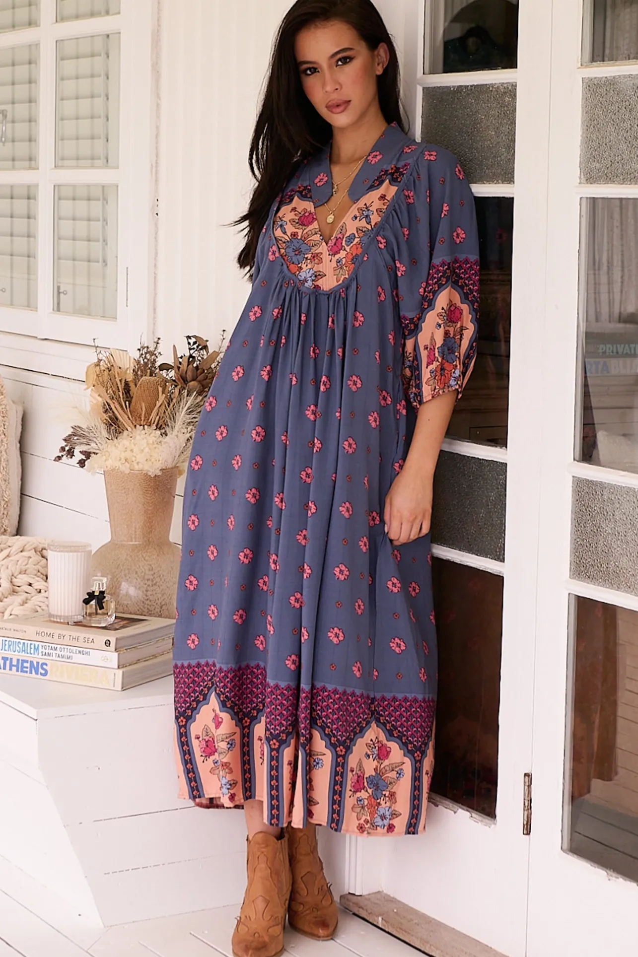 Boheme Midi Dress - Piping Defined Bust Slimline Smock Dress in Laney Print>Jaase Clearance